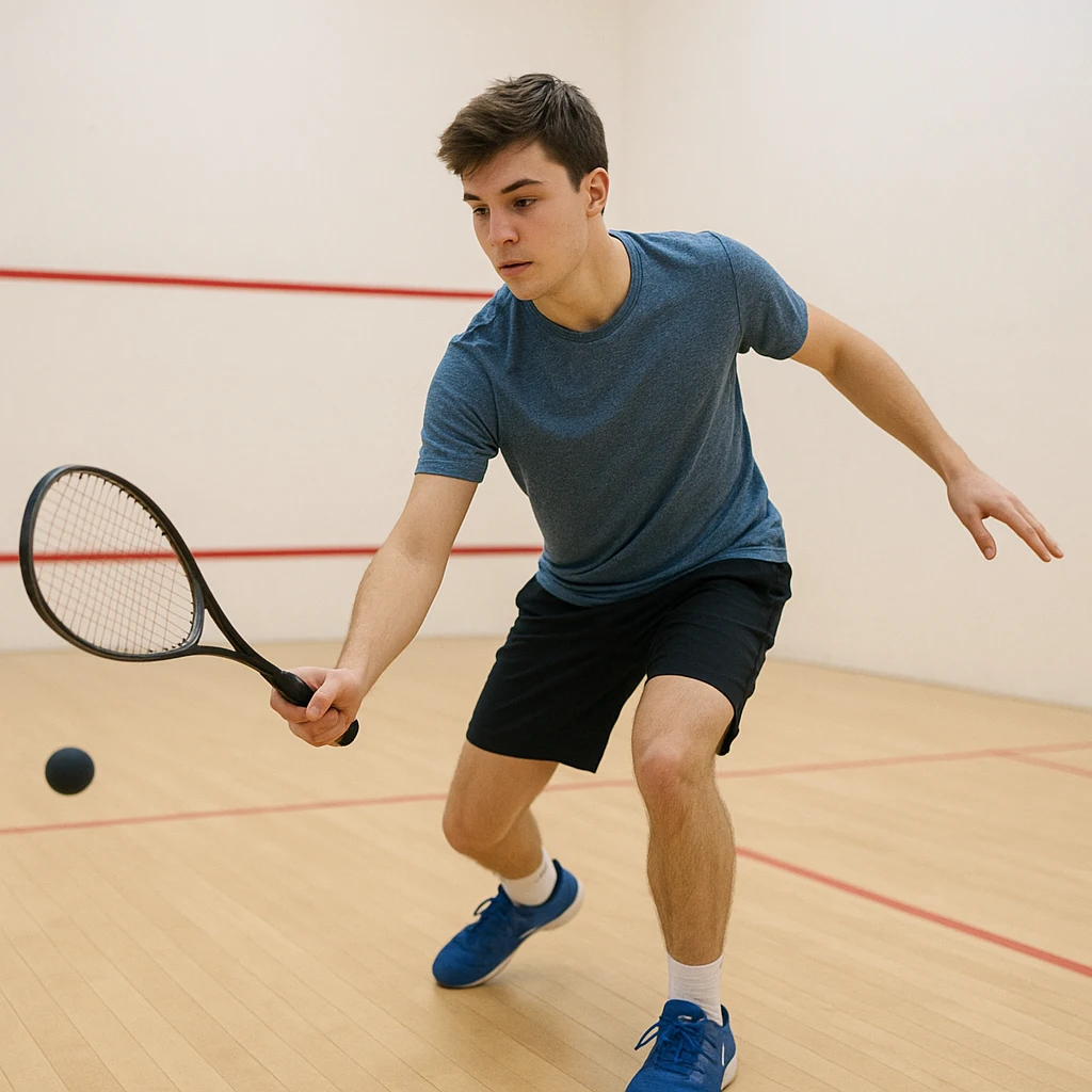 Débutant au squash en train d’utiliser une raquette adaptée