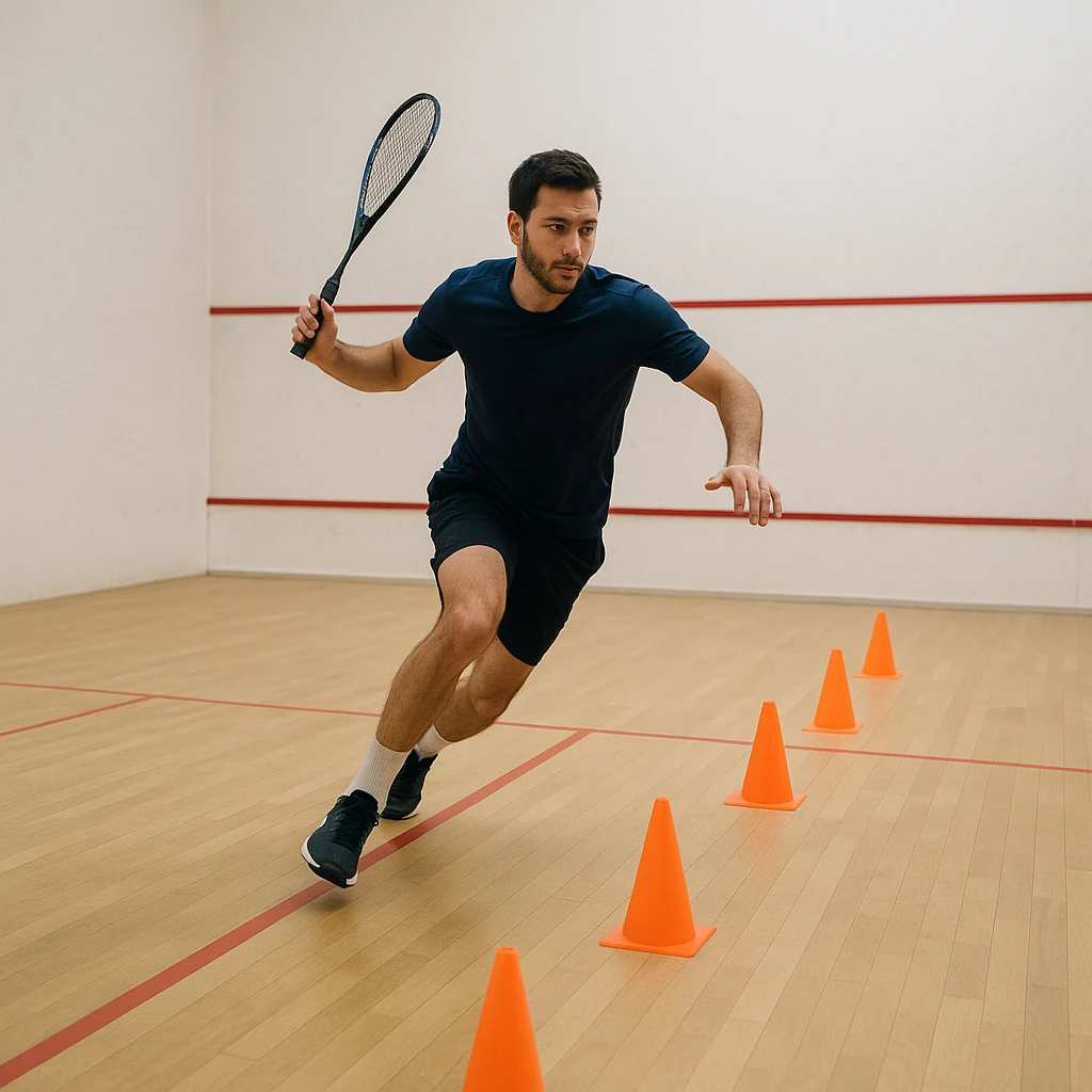 Exercice de déplacement en squash sur le court
