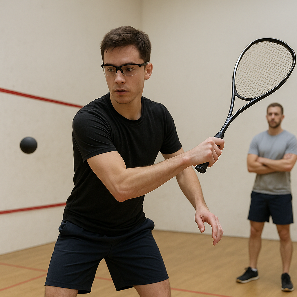 Geste de base au squash pour débutant avec bonne posture
