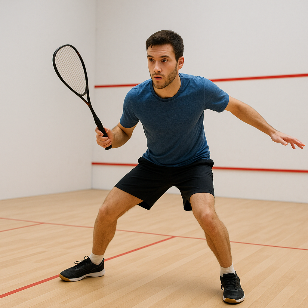 Tactique squash débutant : comment mieux se placer et gagner des points ? 2 Joueur de squash débutant revenant au T après un échange