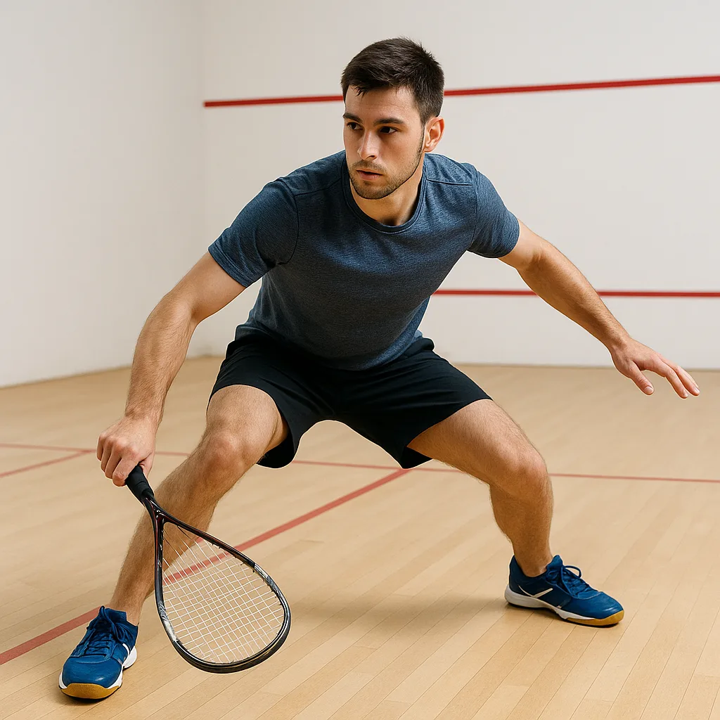 Chaussures de squash : comment choisir le bon modèle selon votre niveau ? 3 Joueur de squash en mouvement pour illustrer la stabilité et le maintien