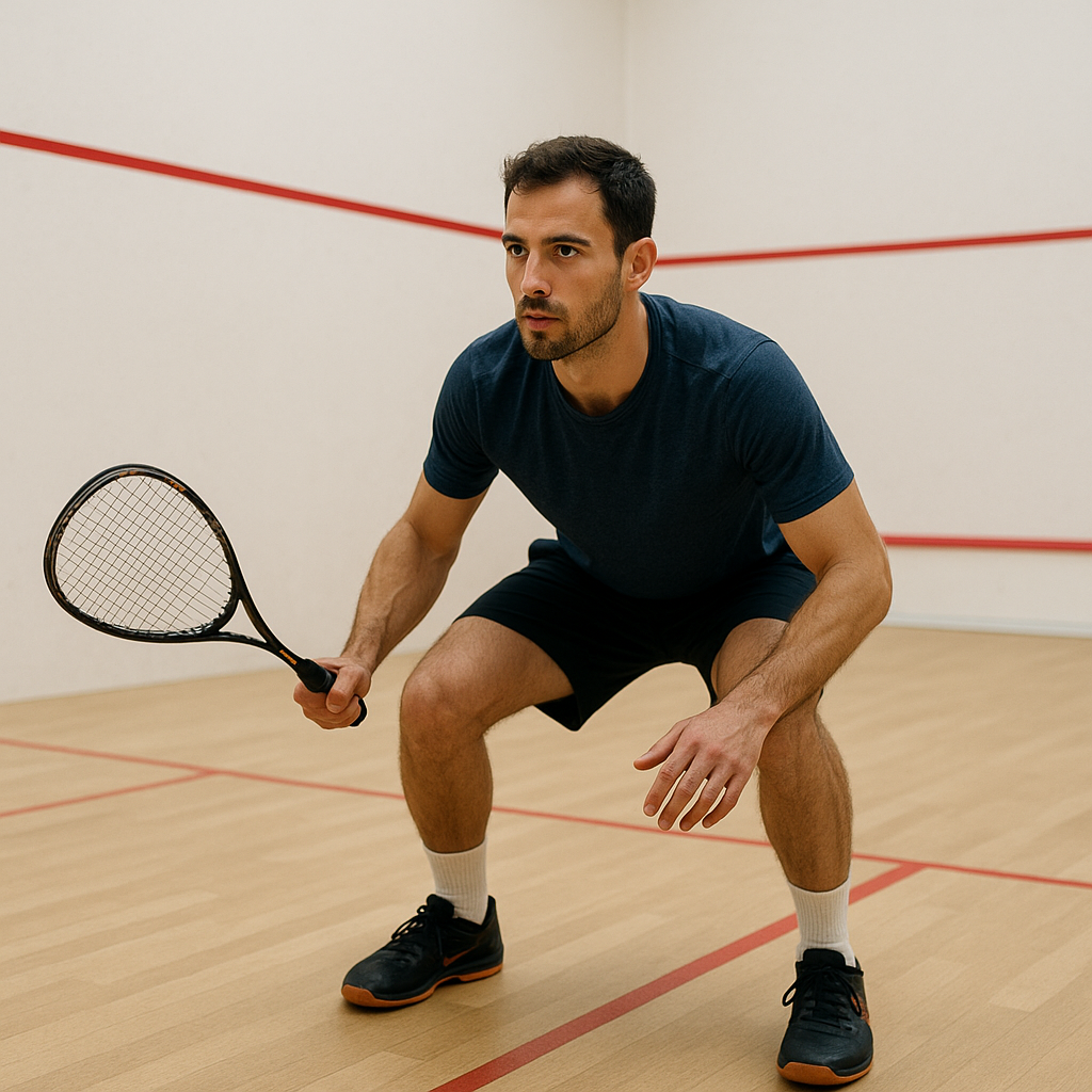 Erreurs fréquentes au squash : les 15 pièges qui freinent votre progression 2 Joueur de squash en position d’attente au centre du court
