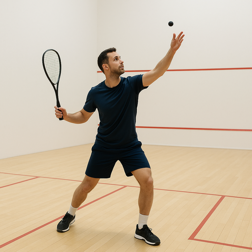 Service au squash : règles, fautes fréquentes et astuces pour bien commencer 2 Joueur de squash en position de service correcte