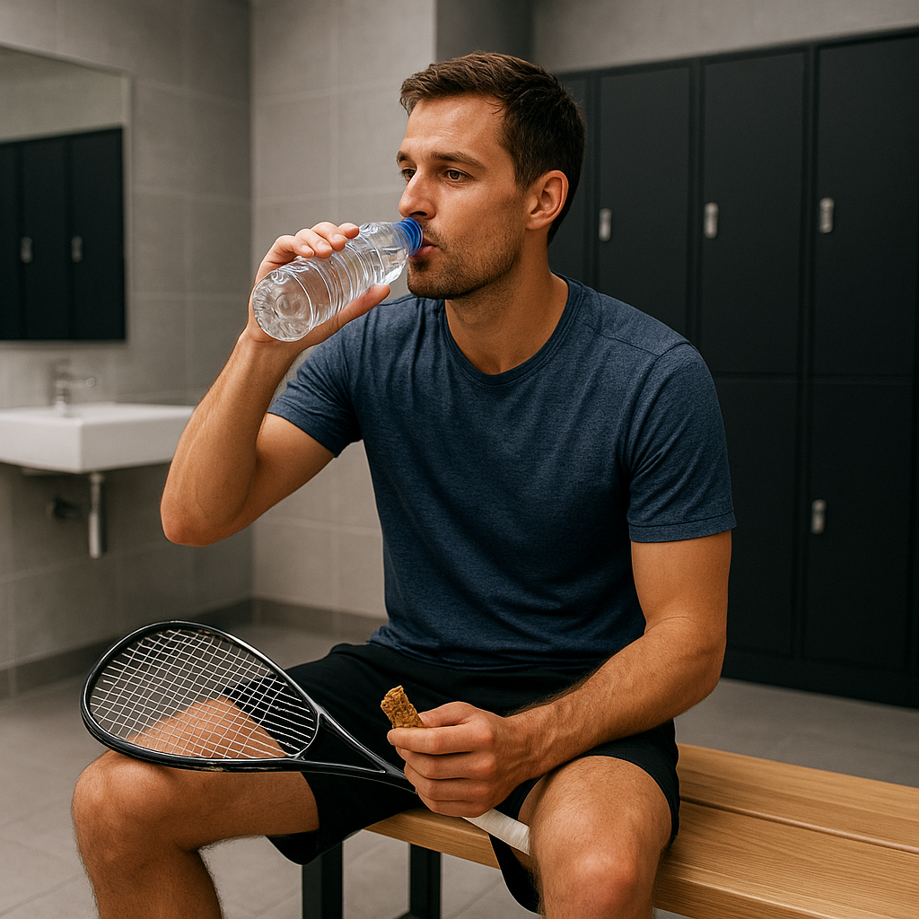Nutrition sportive pour le squash : quoi manger pour performer et récupérer ? 2 Joueur de squash prenant une collation avant l’entraînement