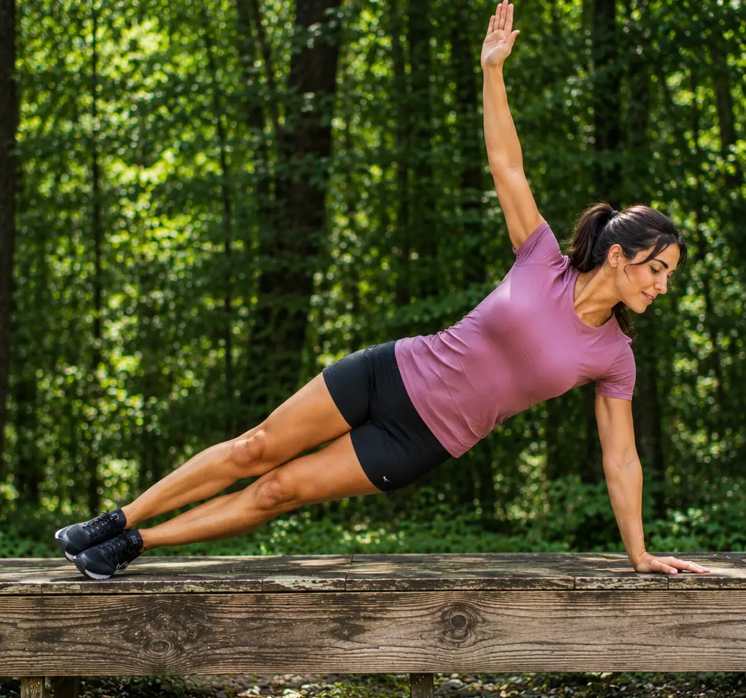 Femme réalisant une planche latérale pendant un exercice de gainage et de renforcement musculaire