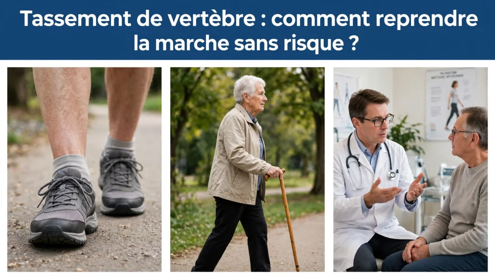 Collage de trois plans montrant pieds chaussés de marche sur chemin, personne âgée avec canne et médecin discutant avec patient dans cabinet