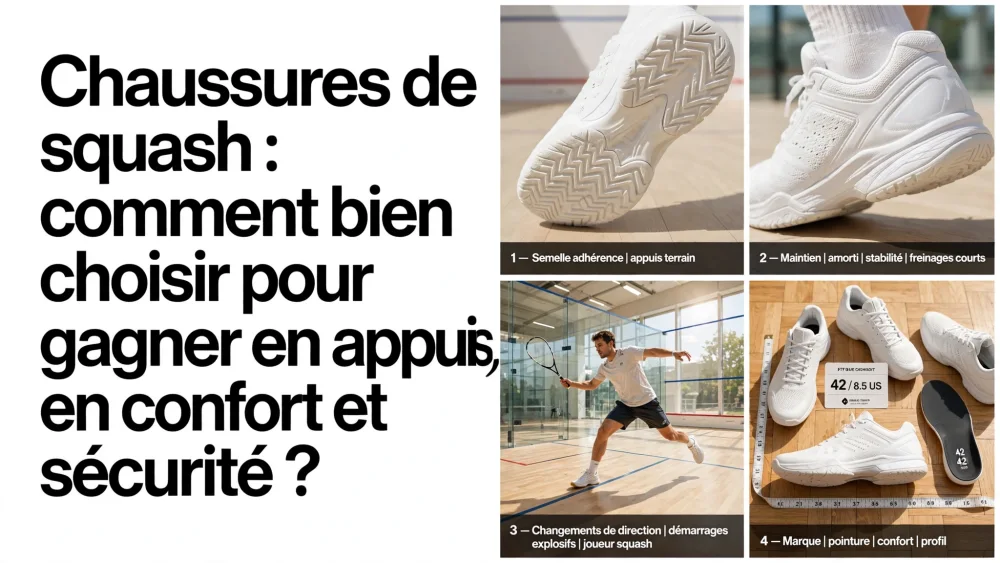 composition divisee a gauche texte noir sur fond blanc et a droite vignettes montrant des chaussures squash blanches et un joueur sur court