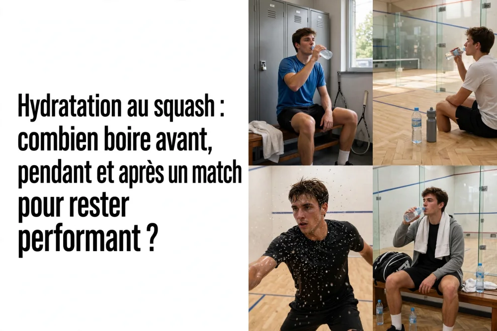 Un collage montrant un homme assis dans un vestiaire bleu buvant une bouteille d'eau, et des vues du court de squash.