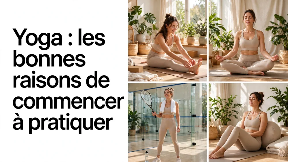Colonne gauche blanche avec grand texte noir; colonne droite presente une femme en beige faisant du yoga et meditant, entouree de plantes.