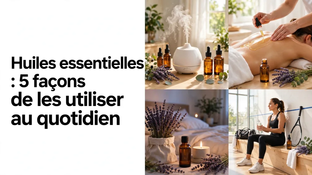 grand texte noir sur fond blanc à gauche et collage de flacons d'huiles essentielles et diffuseur à droite