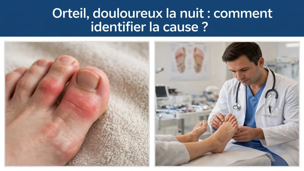 Gros plan d’un orteil rouge et gonflé sur un linge beige, avec un médecin en blouse examinant un pied