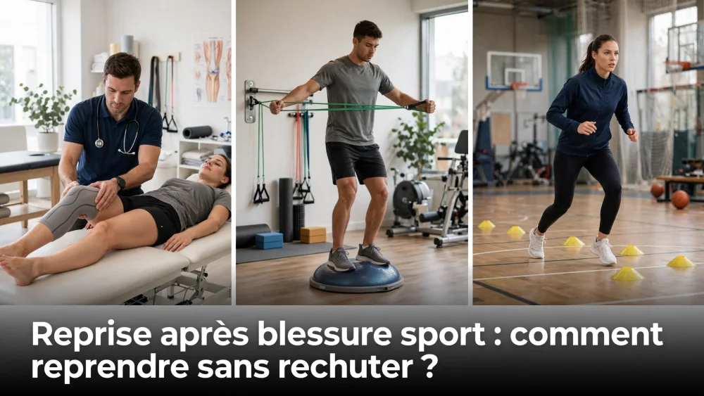 Triptyque en intérieur montrant rééducation sportive: thérapeute avec patiente allongée, homme utilisant des bandes élastiques sur un bosu, femme courant entre cônes.