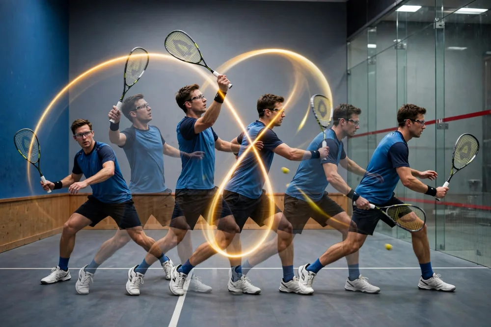 Plusieurs joueurs en tenue bleue évoluent sur un court de squash intérieur, avec des traînées lumineuses dorées qui traversent l'image