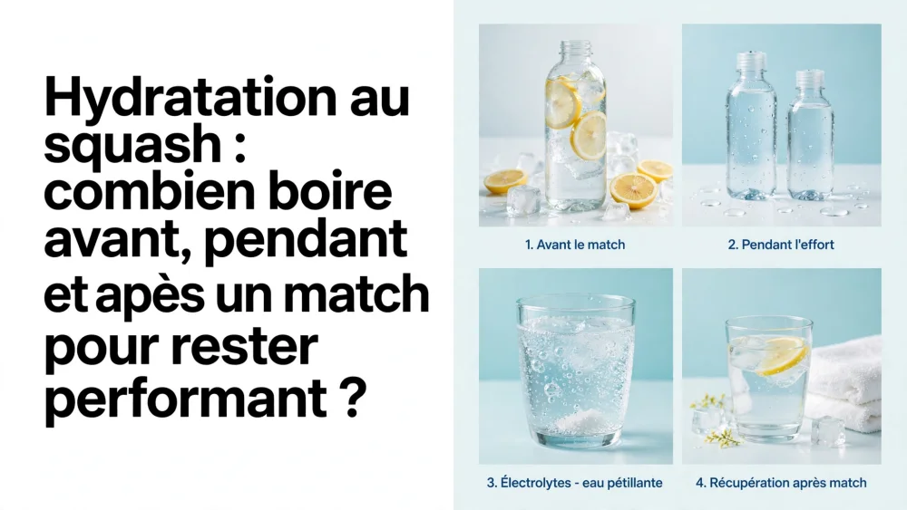 Hydratation au squash : combien boire avant, pendant et après un match pour rester performant ? 2 à gauche un gros bloc de texte noir sur fond blanc; à droite, une grille de quatre images montrant des bouteilles d’eau et des verres avec des glaçons et des rondelles de citron sur un fond bleu clair.